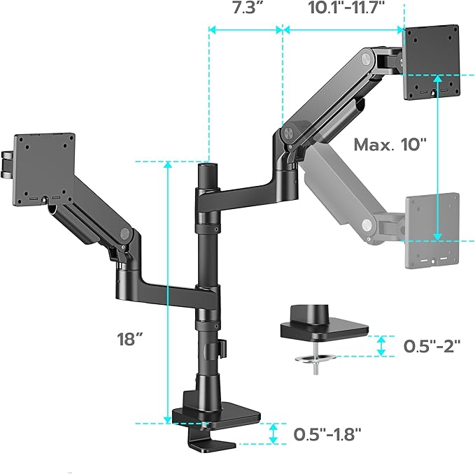 ARES WING Dual Monitor Arm Desk Mount for 17-49 Inch Ultrawide Monitors, Heavy Duty Dual Monitor Mount Holds 44 lbs, Full Motion Gas Spring Vertical Stacked Monitor Mount, 75/100 VESA Mount, Black