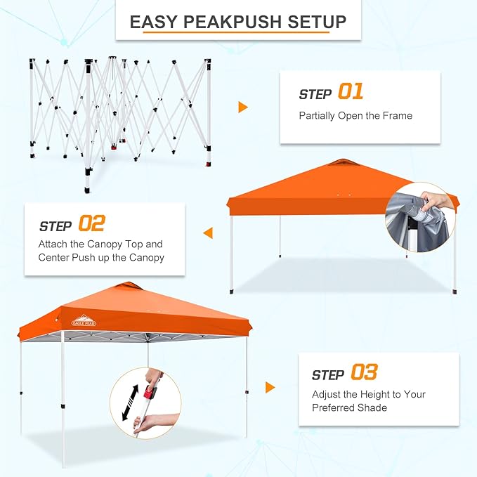 EAGLE PEAK Pop Up Canopy Tent with Wheeled Carry Bag, 8 Stakes, 4 Ropes, 4 Weight Bags, Easy Set Up Tent Canopy, 12x12 ft, 144sqft of Shade, Orange