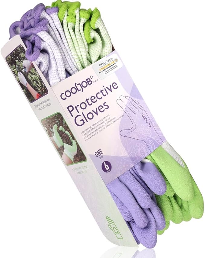 COOLJOB 6 Pairs Gardening Gloves for Women Ladies, Breathable Rubber Coated for Yard Garden, Outdoor Indoor Protective Work, Medium Size, Lavender Purple & Apple Green