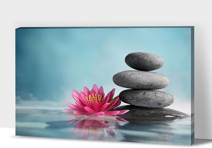Zen Wall Art Decor, Modern Bathroom Zen Decor Wall Art, Large Zen Relaxing Canvas Wall Art for Spa Room Decor, Black Pebble and Pink Flower Zen Art Prints for Office & Spa Wall Decor 28x40 Inches