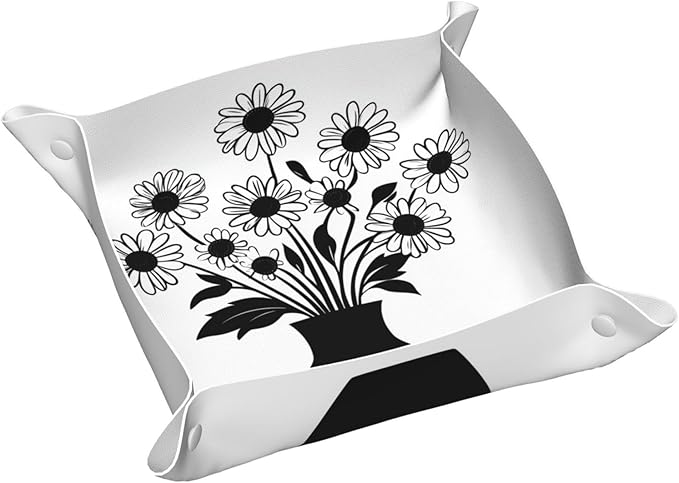 Vase of Daisies Simple Black Minimal Valet Tray Leather Desktop Storage Organizer Bedside for Jewelry Keys Coin Candy Sundries