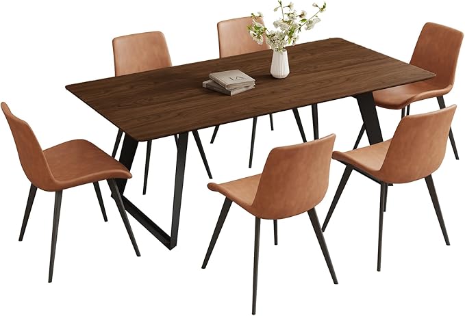 ZckyCine 63"-79" Extendable Dining Table Set for 6, Modern Walnut Color Table with 6 Brown Chairs, Retractable Wood Table and Chair Set for Kitchen and Dining Room
