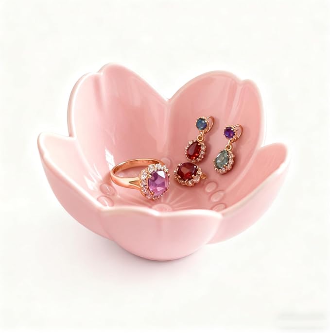 Pink Flower Ring Dish Jewelry Tray, Ceramic Jewelry Dish, Cute Small Trinket Tray, Nightstand Bathroom Decor Ring Holder, Jewlery Plate Bowl for Christmas Friendship Birthday Gifts for Women