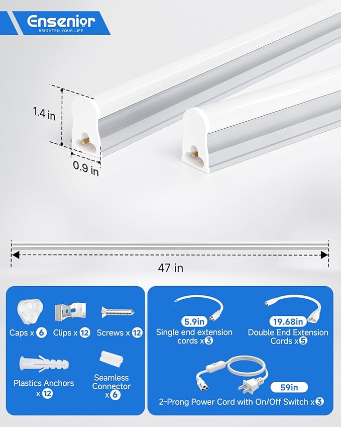 Ensenior 6-Pack T5 LED Shop Lights, 4FT 2000LM 6500K Super Bright White Integrated Single Fixture, 20W Linkable Utility Commercial Lighting for Gym/Garage/Ceiling/Under Cabinet, Plug & Play