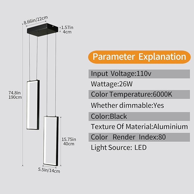 Modern Kitchen Pendant Light Fixture Black 18W LED Pendant Light 2 Rings Rectangle Chandelier Pendant Lighting for Kitchen Island Living Room Dining Room Bedroom