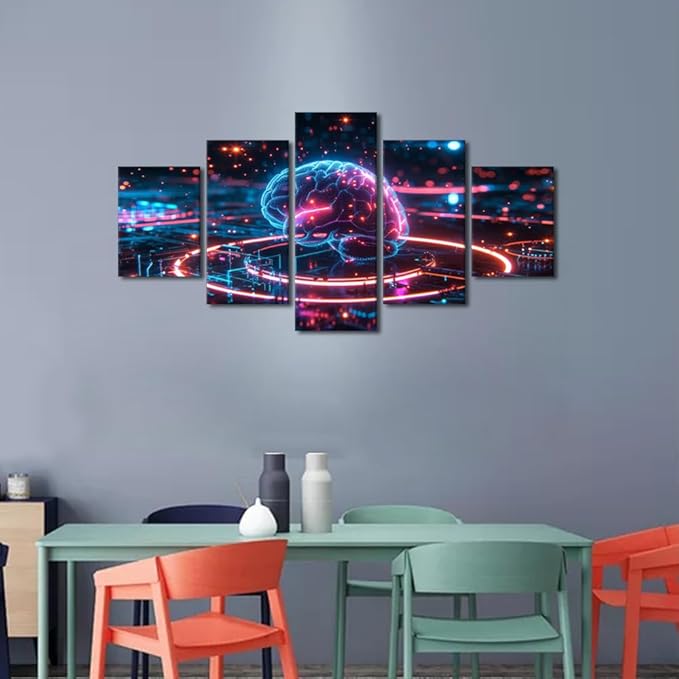 5 Panel Modern Science and Technology Pictures for Living Room Digital Brain Canvas Wall Art for Bedroom Artwork for Room House Decor Wall Modern Posters and Prints Framed Ready to Hang 60"Wx32"H