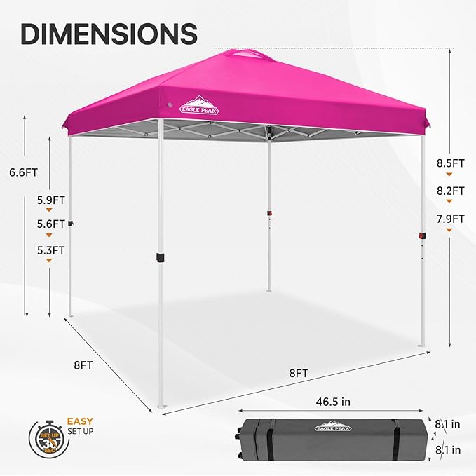 EAGLE PEAK Pop Up Canopy Tent with Wheeled Carry Bag, 8 Stakes, 4 Ropes, Easy Set Up Tent Canopy, 8x8 ft, Pink