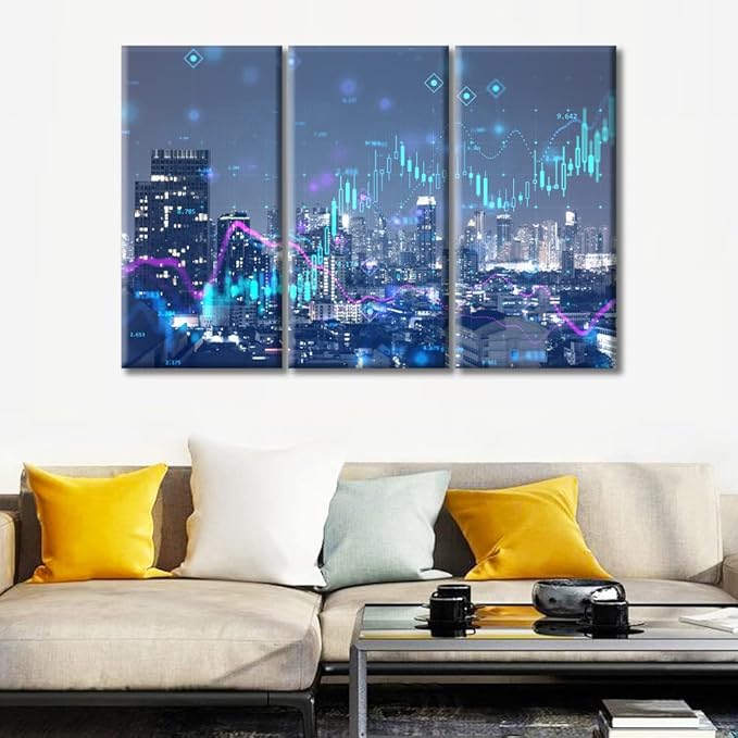 TUMOVO Abstract Virtual Financial Graph Hologram Canvas Paintings Wall Decor 3 Piece Black and White Wall Art Modern Home Decor Framed Ready to Hang (42" Wx28 H)