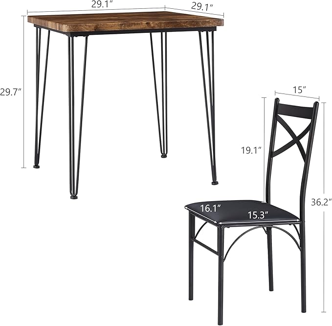 VECELO 3-Piece Dining Table Set for Home Kitchen Small Space Breakfast Nook, 2 Faux Leather Metal Frame Chairs,Brown,Set for 2