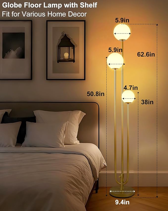 Lightdot 63IN Gold Floor Lamp Dimmable 3-Lights Globe LED Floor Lamps with 3000K Soft Warm White for Wedding/Party Candle Holder Style Tall Lamp for Living Room/Bedroom/Sofa Beside/Corner Decor