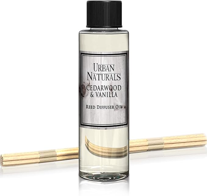 Urban Naturals Reed Diffuser Oil Refill, Cedarwood Vanilla Fragrance Oil with Oak, Cedar, Vanilla, 4 oz + Free Reed Sticks, Made in the USA