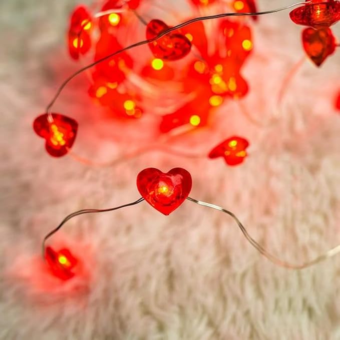 10FT Red Heart Fairy Lights Battery Operated with Timer for Mothers Day Decoration, LED String Lights Indoor Outdoor Waterproof Twinkle Lights for Christmas Proposal Anniversary Valentines Party Decor