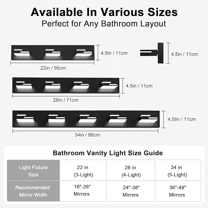 LED Modern Bathroom Vanity Light Fixtures, 4-Light 28-inch Dimmable Matte Black Vanity Lights for Bathroom Lighting Fixtures Over Mirror, with 360° Rotatable Acrylic Heads (Cool White 6000K)