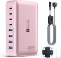 8-Port USB C Fast Charger Block 200W with Flat Plug, Braided Power Cord, and On/Off Switch- USB Charging Hub for iPhone, iPad, MacBook and More- 65W C Port Power Adapter for Laptops