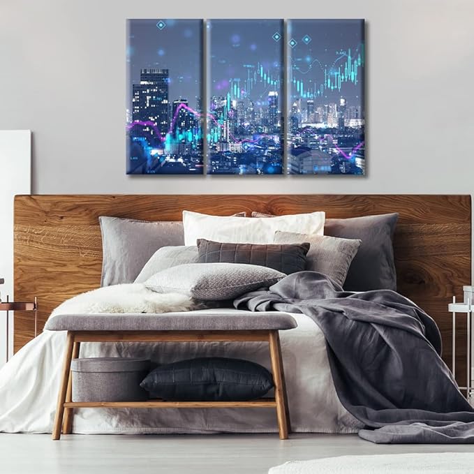 TUMOVO Abstract Virtual Financial Graph Hologram Canvas Paintings Wall Decor 3 Piece Black and White Wall Art Modern Home Decor Framed Ready to Hang (42" Wx28 H)