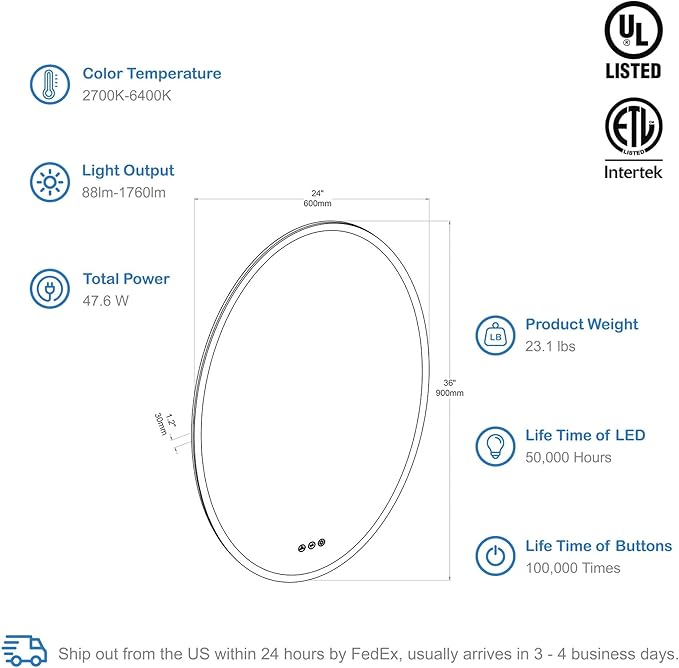 Blossom 24'' x 36'' LED Mirror for Bathroom Lighted Vanity Mirror for Wall Front Lights + Backlit LED Bathroom Mirror Anti-Fog Tempered Glass ETL Listed, Wall Mounted LED Vanity Mirror