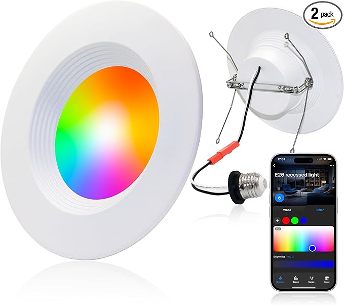 Peteme Smart E26 Retrofit Led Recessed Lighting 6 Inch,IC Rated-ETL Certified Ultra-Thin Recessed Lights,RGB & Cool & Warm White Dimmable Color Changing Downlight 1100LM,1 Pack(Need Hub)