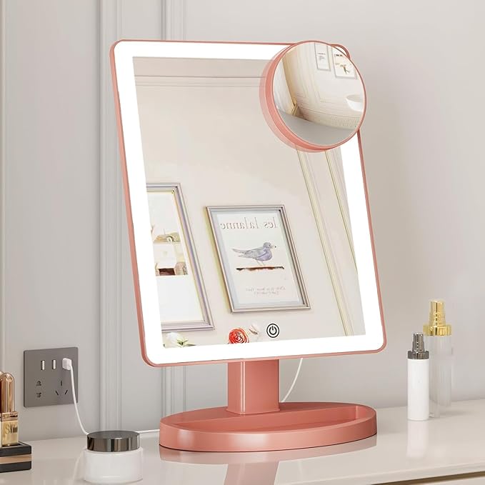 Funtouch Large Lighted Vanity Makeup Mirror, 14.56 in x 8.97 in, 88 LED, 360 Rotation Touch Screen, 10X Magnification Tabletop Cosmetic Make Up Mirror, Rose Gold