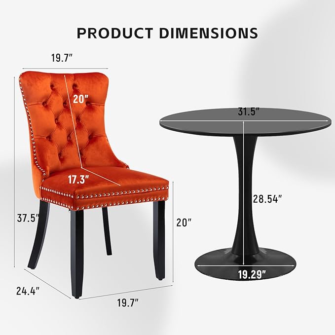 SoarFlash Kitchen Table and Chairs for 2, 31.5" Dining Table Set for 2 with Velvet Upholstered Chairs, 3 Piece Round Kitchen Table Set, Dining Room Table Set for Small Space, Apartment, Orange/Black