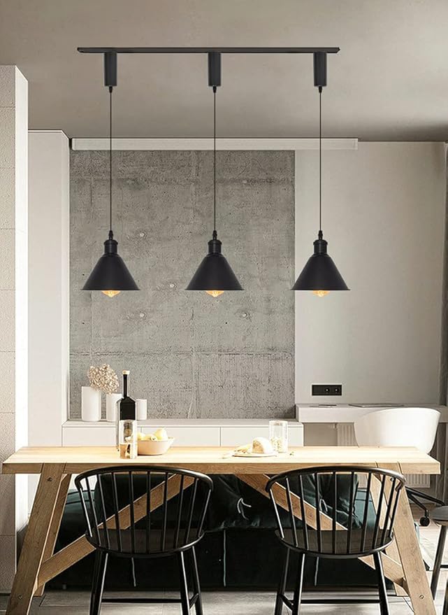 Set of Three Adjusted Wire Length H-Type Track Hanging Light 3.9 Ft Twisted Cord E26 Base Industrial Design Black Metal Pendant Light Fixture for Loft Aisle Bar(No Bulb & Track)