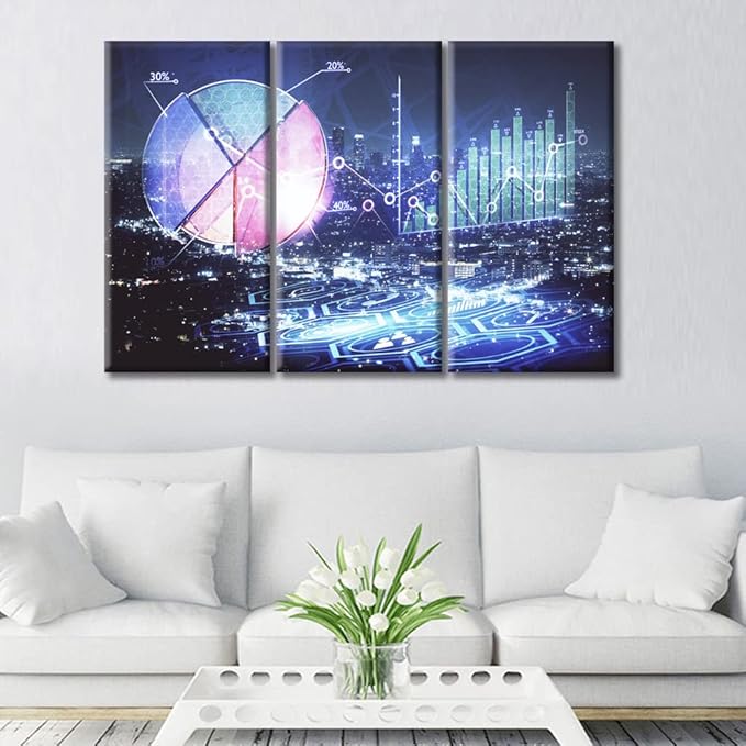 3 Piece Financial Graph on Night City Scape with Tall Buildings Background Wall Art Analysis Concept Paintings Black and White Wall Art House Decor Stretched and Framed Ready to Hang (42"Wx28"H)