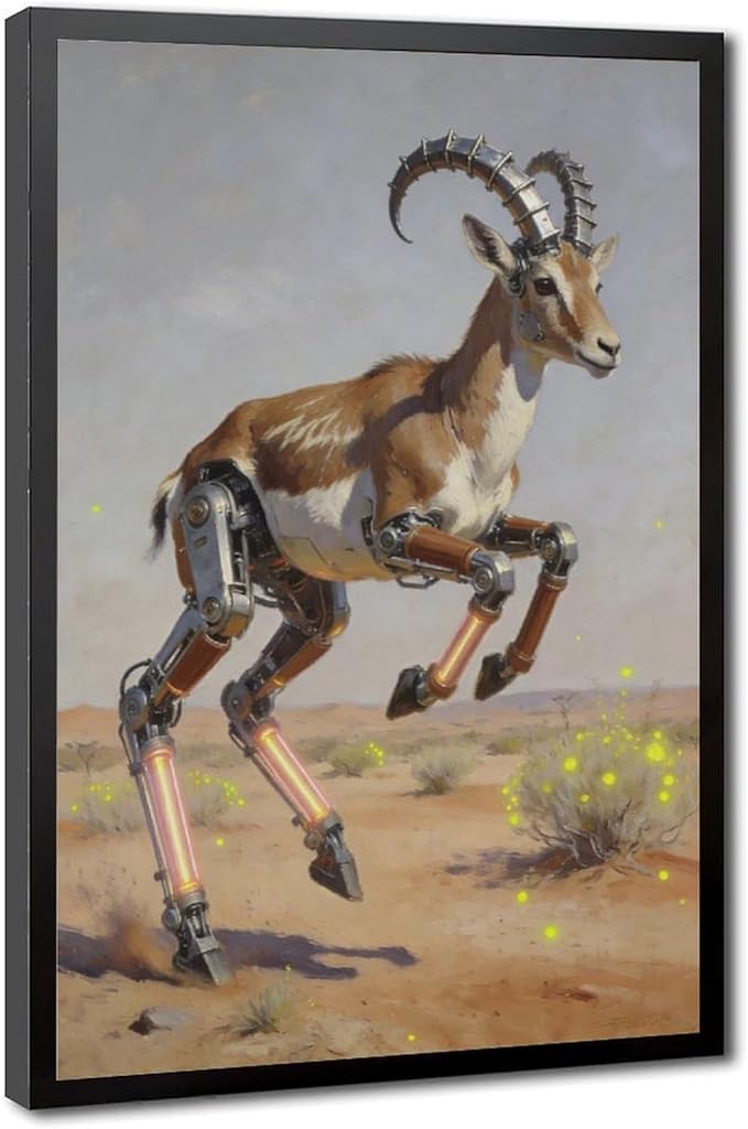 Framed Steampunk Mechanical Antelope Wall Art - Desert Futuristic Poster for Loft Living Room Decor 16x24in