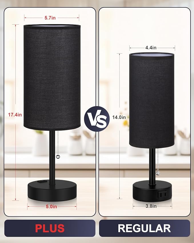 Fenmzee Large Black Bedside Lamps Set of 2-3 Color Temperatures Pull Chain Lamp with AC Outlet Charging Port, Two Round Night Stand Lamps for Bedroom Guest Room Office, Bed Side Light