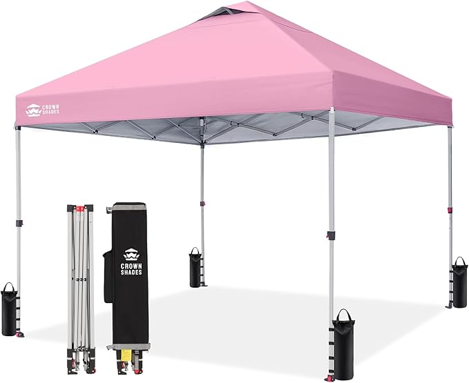CROWN SHADES 10x10 Pop Up Canopy - Beach Tent with One Push Setup - Easy Outdoor Sun Shade for Events, Parties, Camping - Gazebo with STO-N-Go Cover Bag, Silver Coated Top, Pink