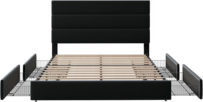 Allewie Modern Full Size Platform Bed Frame with 4 Storage Drawers and Velvet Upholstered Headboard, Wooden Slats Support, Upholstered Mattress Foundation/No Box Spring Needed/Easy Assembly, Black