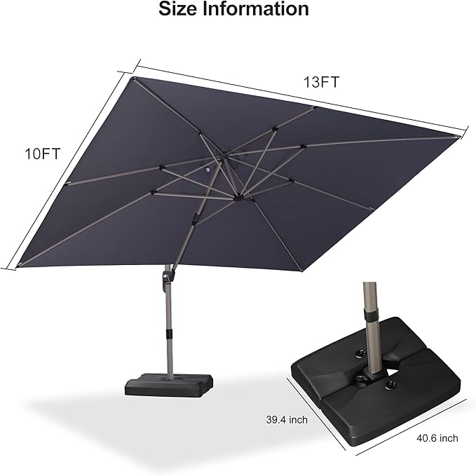 PURPLE LEAF Patio Umbrella with Base Included, 10‘×13’ Outdoor Aluminum Cantilever Umbrella with 360° Rotation, Aluminum Large Offset Umbrella for Outdoor Garden Pool, Light Grey
