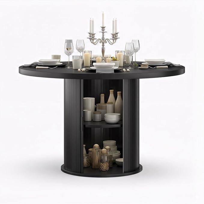 Farini 43" Round Dining Table for 4-6 with Storage Space,Modern Kitchen Room Table with Wood Top & Sturdy Metal Base,Black
