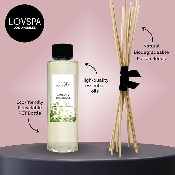 LOVSPA Vanilla & Patchouli Diffuser Oil - Luxury Essential Oils for Diffuser Refill & Air Freshener Room Spray - Long-Lasting & Natural Home Fragrance, Scented Oil for Diffusers, USA Made, 4oz