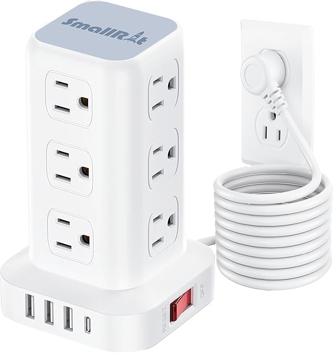 PD20W Power Strip Tower Surge Protector Power Strip with USB 12 Outlets with 4 USB Ports (1 USB C), Flat Plug 10FT Extension Cord Multi Plug Outlet Extender Overload Protection for Home Office