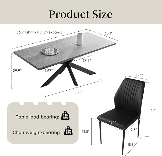 ZckyCine 6-8 Person Modern Rectangular Dining Table Set, 51-67 Inch Expandable Space-Saving Metal Frame Dining Table with Gray Table and 6 Black Chairs for Kitchen or Dining Room