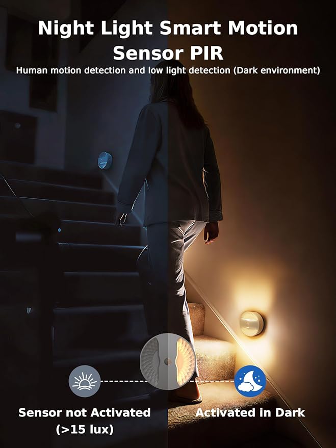 Smiling Shark BR168 Linkage Motion Sensor Night Light LED Smart Linked PIR & Light Sensing, Rechargeable Magnetic Stick-On Connected Smart Warm Night Step Lights for Bedroom Hallway Stairs, 2 Pack