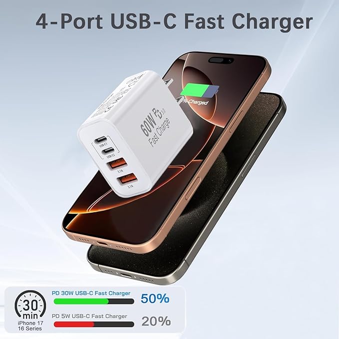 60W USB C Charger Block,2Pack 4-Port GaN USB C Charger Fast Charging Wall Plug Dual Type C+Dual USB-A Port Multiport Power Adapter Cube for iPhone 17 Pro Max/16e/15/14/13/12/11,iPad Pro/Air/Mini
