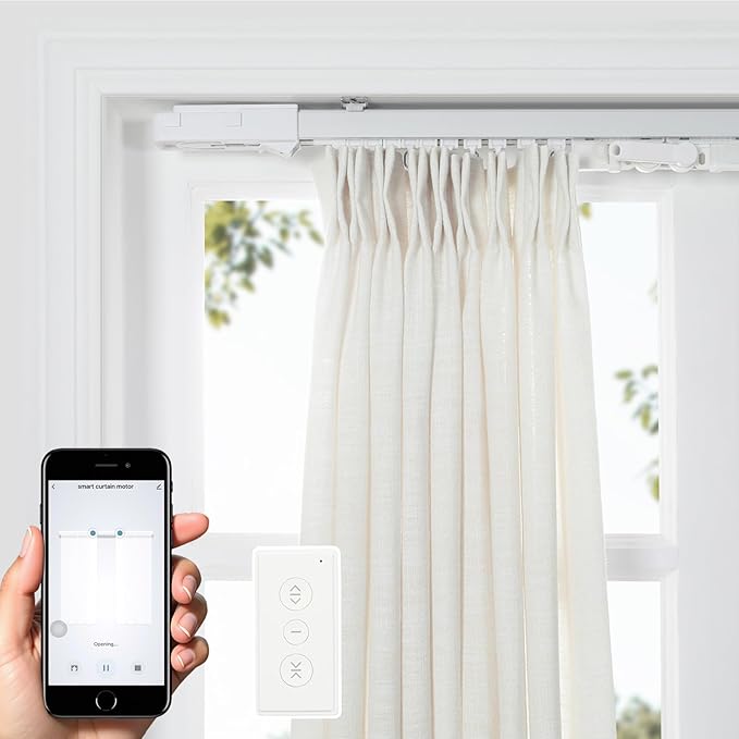 TWOPAGES Solar Powered Smart Curtain Track for Ceiling Mount and Wall Mount, 279 Inches Wide Electric Curtains Rail System Compatible with Google, Alexa App, Remote Control