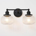 2-Lights Wall Sconces,Vintage Double Arm Black Bathroom Vanity Light with Clear Striped Glass Shade Hardwire Indoor Wall Sconce Lighting for Bathroom Living Room Bedroom Kitchen