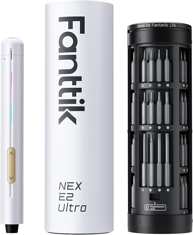Fanttik E2 Ultra Mini Electric Screwdriver, Cordless Screwdriver, Max 0.6N.m, 50 Magnetic Bits, 5/32'' Hex, Magnetic Storage, Repair Tool for Electronics, Camera, Laptop, and PC Build (White)