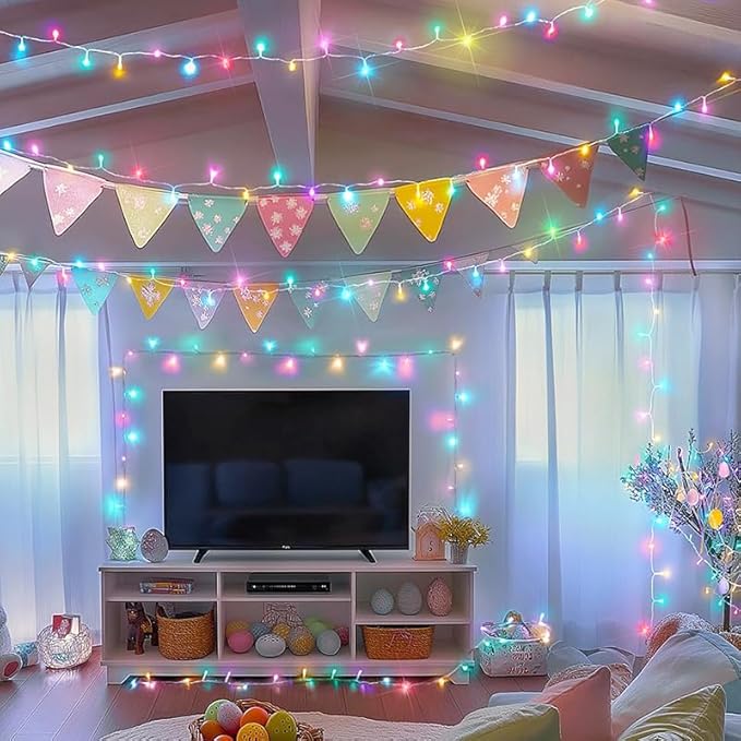 LAMPHOME 33Ft 100 LED Easter Lights Outdoor Indoor for Decorations,16modes Connectable Colorful Pastel Easter Lights String Clear Wire Plug in for Bedroom Tree Room Party Spring Decor