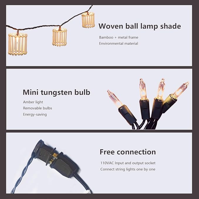 Outdoor-String-Lights-Waterproof, Bamboo Lantern String Lights for Patio, Garden, Porch, Balcony, Gazebo Decorative (Bamboo)