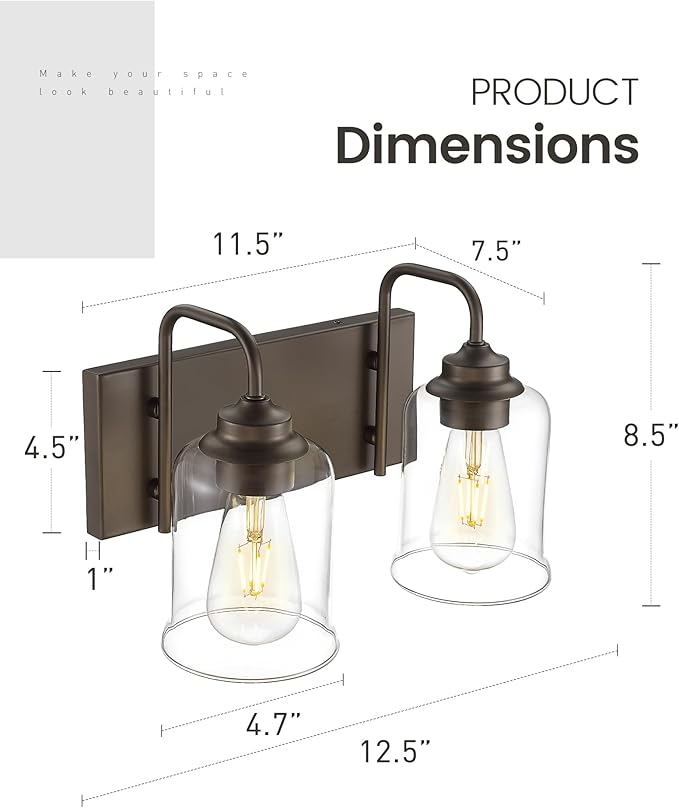 zeyu Oil Rubbed Bronze Bathroom Light Fixtures, 2-Light Bath Vanity Light, 12.5 Inch Farmhouse Wall Sconces with Clear Glass Shade, ZSL72B-2W ORB