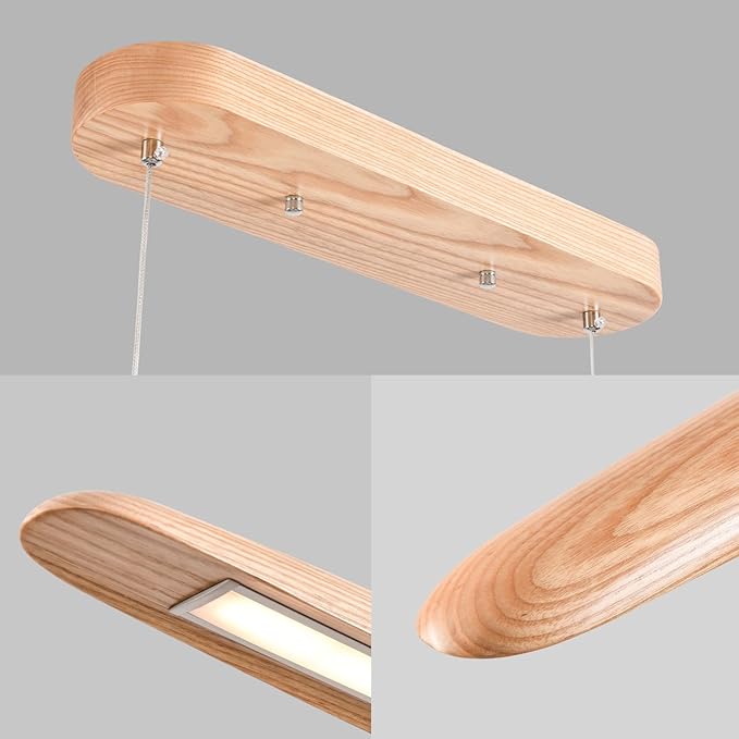 YISDESIGN 39" 24W Wood LED Linear Pendant Light Fixture Led Dining Room Light Dimmable Hanging Light Fixture for Dining Room Kitchen Island Pool Table Lights Natural Wood Color