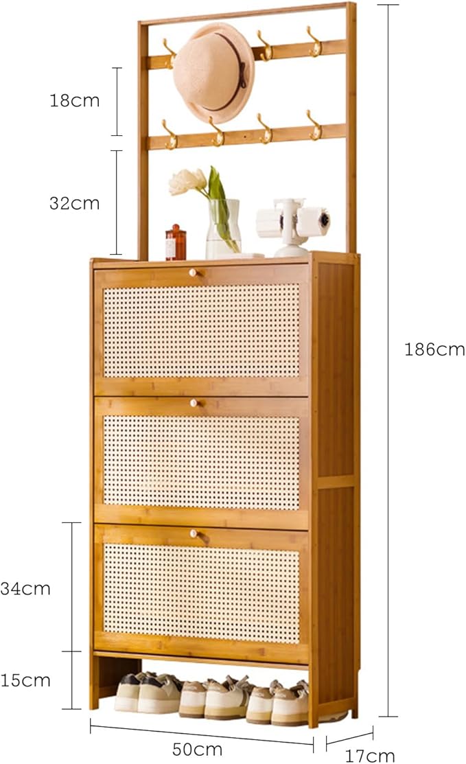 Modern Natural Rattan Coat Rack with 3 Flip Drawers Free Standing 3Tier Shoe Storage Rack for Heels and Slippers Entrance Hallway Entryway Organizer(50x17x186cm)
