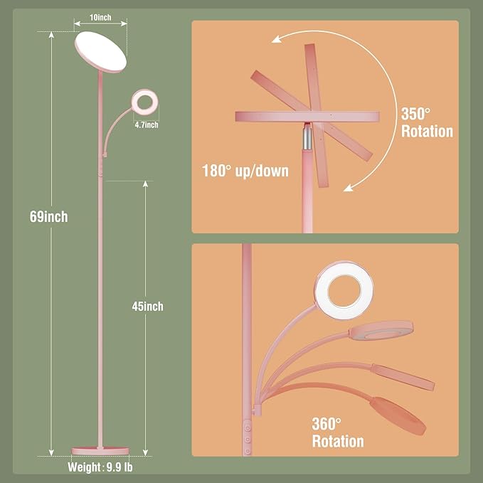 Pink Floor Lamp, 42W 4000LM Super Bright LED Room Lamp with Adjustable Reading Light,Dimmable Modern Standing Lamp with Remote & Touch Control for Room Bedroom Office Floor Light