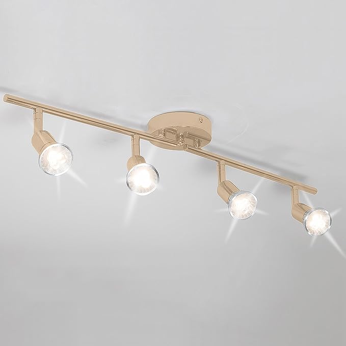 Qcyuui Modern 4-Light Track Lighting Kit, Flush Mount Gold Finish Ceiling Spot Lights Fixture, LED Track Light with Gold Flexibly Rotatable Light Head for Kitchen, Living Room, 4GU10 Bulb (Included)