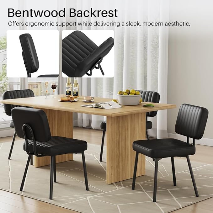 Dining Chairs, Upholstered Mid Century Modern Kitchen Dining Room Accent Chairs with Faux Leather Cushion Seat & Metal Legs for Kitchen, Living Room (Black, Set of 2)