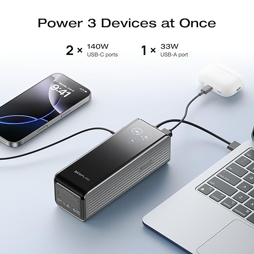 EF ECOFLOW Rapid Power Bank 25,000mAh, 170W Portable Charger with Dual 140W USB-C Ports for Multi-Device Charging, Smart TFT Screen, Compatible with iPhone 17/16/15/14, Samsung, Laptop (Silver)