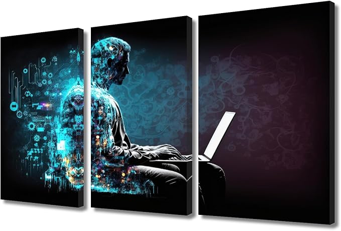 TUMOVO 3 Panels Future Technology Pictures Print on Canvas Wall Decoration for Bedroom Living Room Computer Code Wall Art Artificial Intelligence Artwork Ready to Hang, 36" Wx24 H