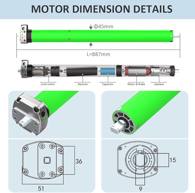 Remote Control DC24V Motorized Roller Shade Motor with Manual Override, 45mm Brushless Electric Awning Motor for Windproof Shades, High Torque Tubular Motor (50 N.m for Φ60mm（2-3/8"） Round Tube)